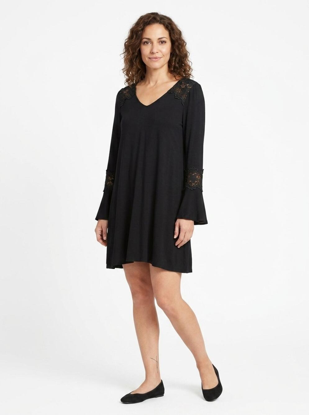 Pink Republic Black Lace Shoulder Bell Sleeve Knit Dress Women Size XS